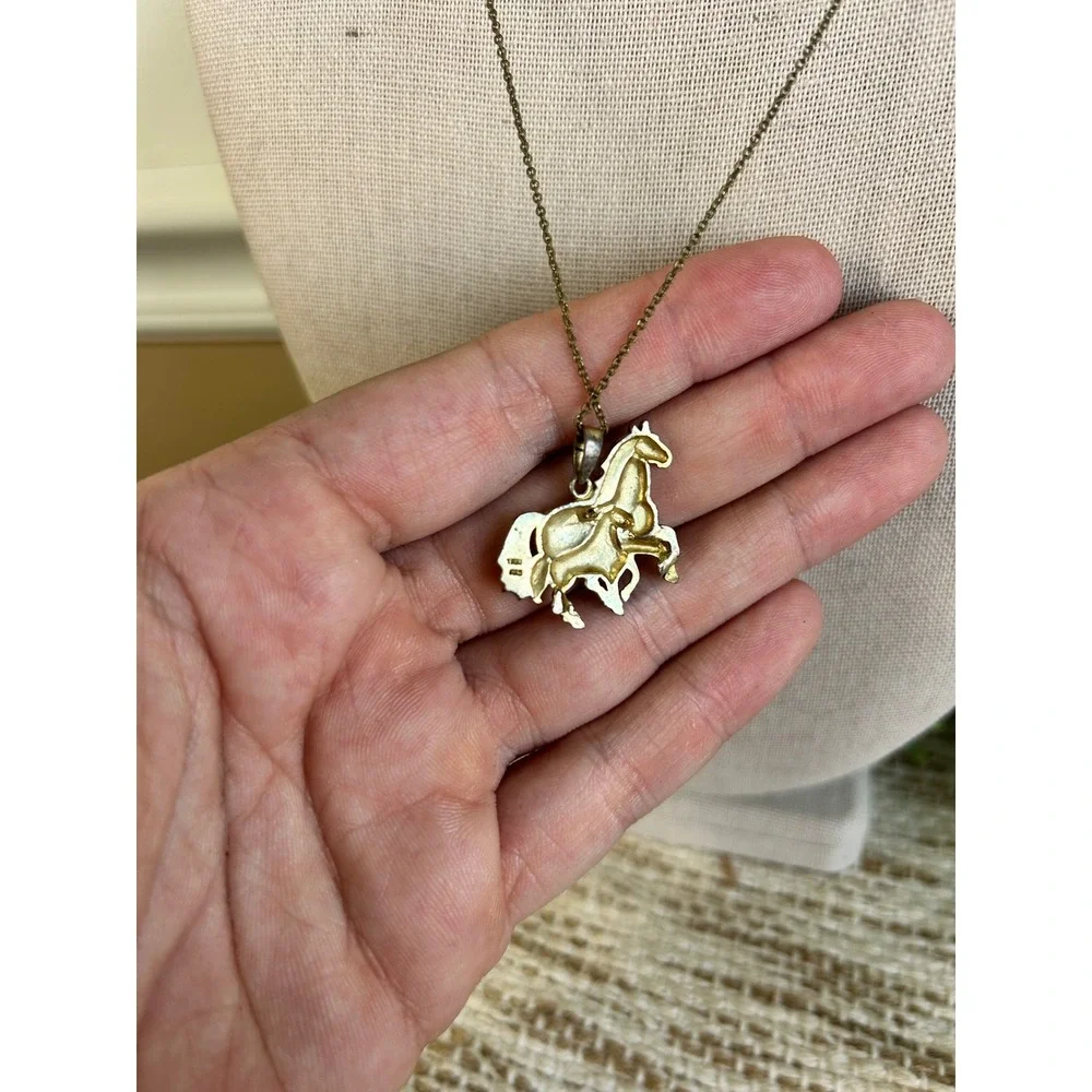 Vintage Two Tone Horse Pendant Necklace Gold Silver Equestrian Animal Jewelry
